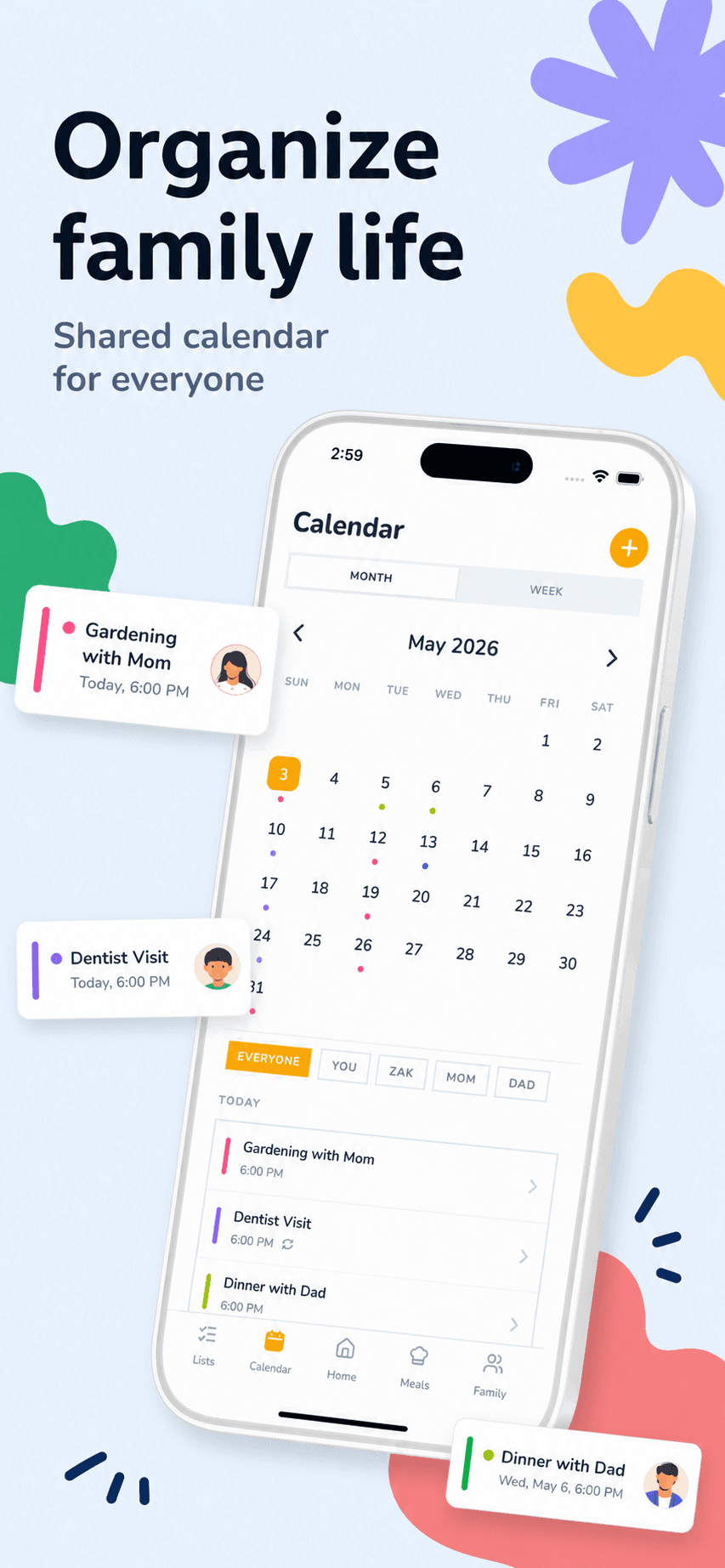 Shared family calendar, month view